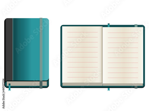 Set of closed and opened sketchbook with blue cover