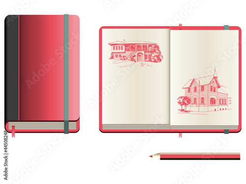 Set of closed and opened red sketchbook with pencil sketches