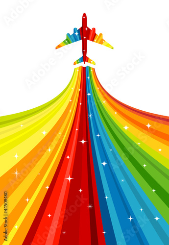 Background with rainbow airplane. Vector illustration.