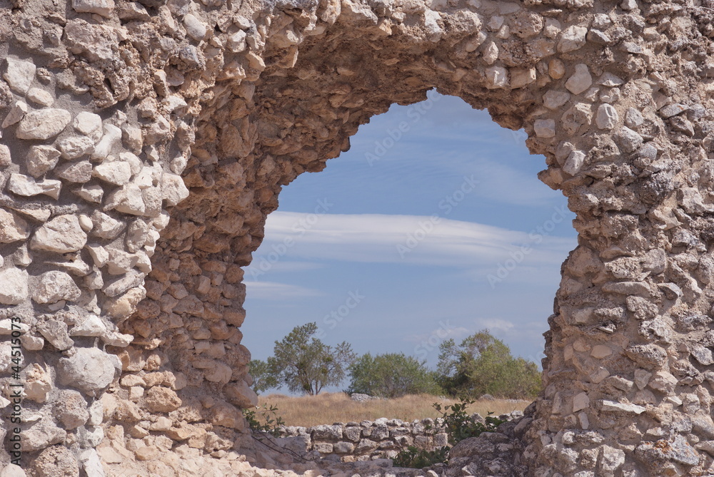 hole of the ancient wall with blue sky,Peltuinum,Abruzzi