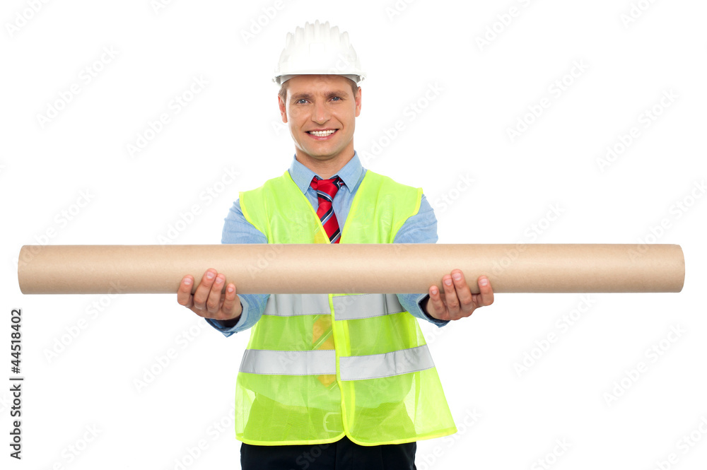 Successful architect presenting blueprints Successful architect presenting blueprints