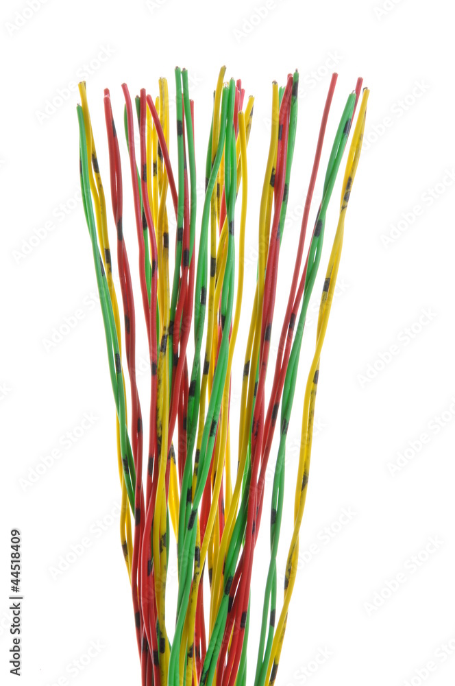 Bundle of yellow red and green cables isolated on white
