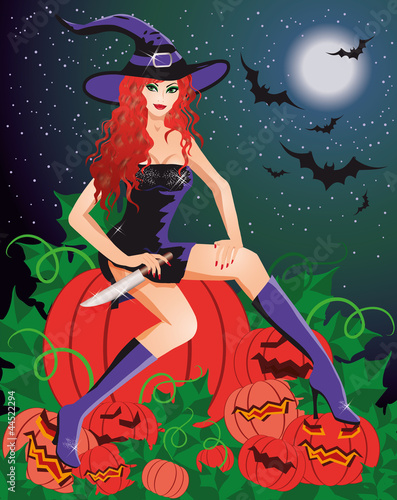 Red-haired witch with a knife sitting on a pumpkin