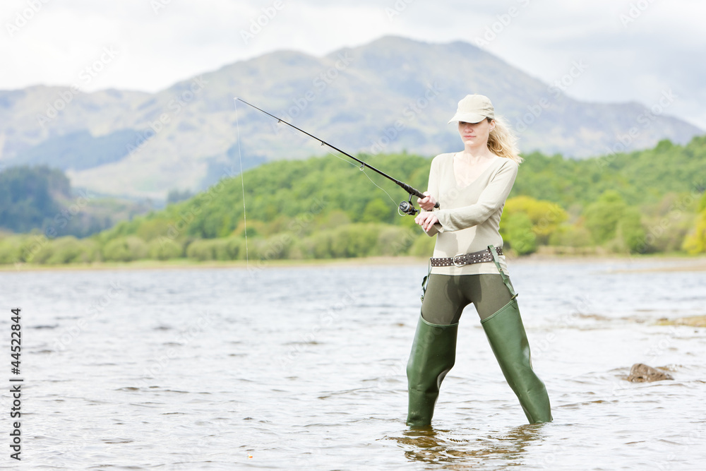 fishing woman, Loch Venachar, Trossachs, Scotland fishing woman, Loch Venachar, Trossachs, Scotland