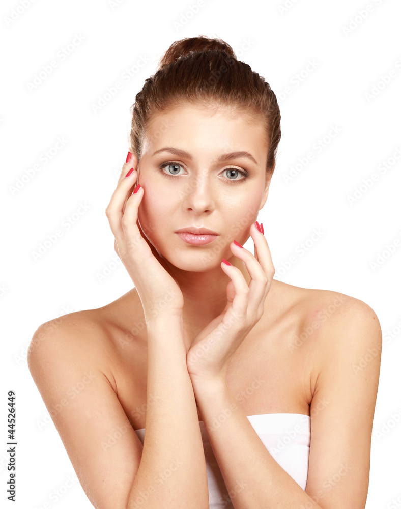 Young woman touching her face isolated on whire background Young woman touching her face isolated on whire background
