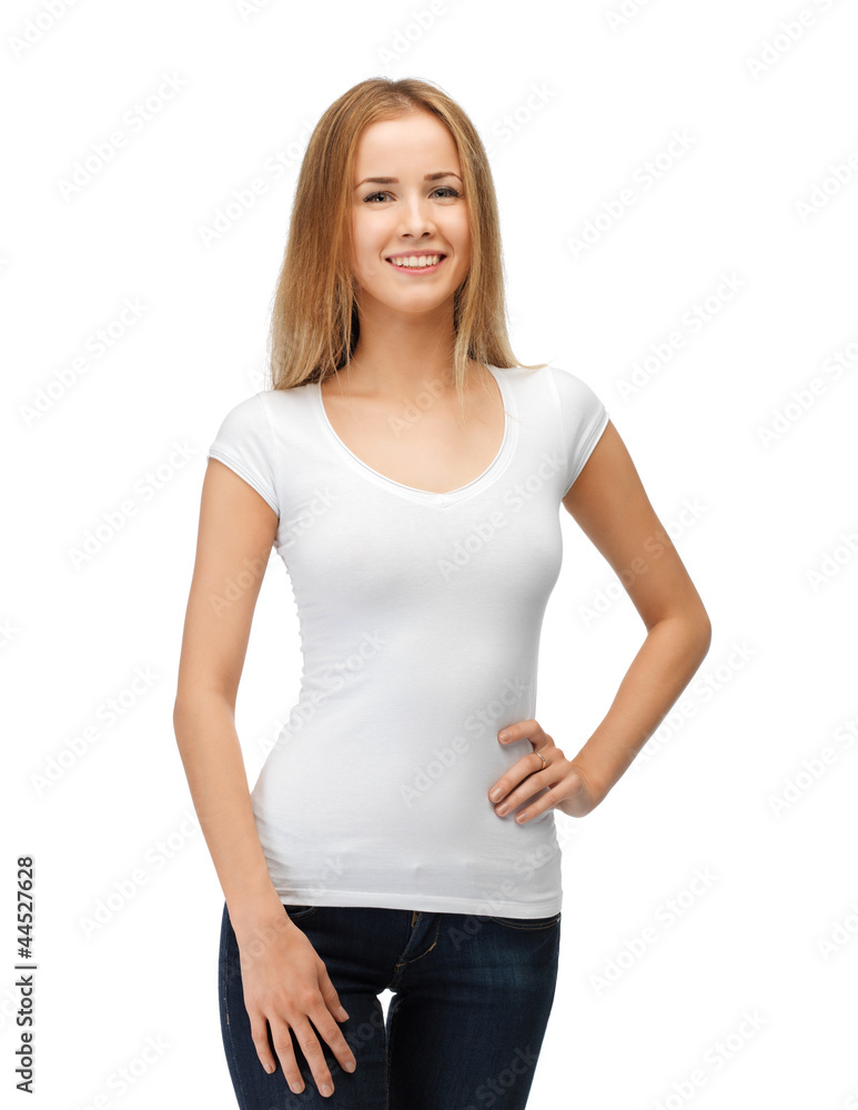 smiling teenage girl in blank white t-shirt smiling teenage girl in blank white t-shirt
