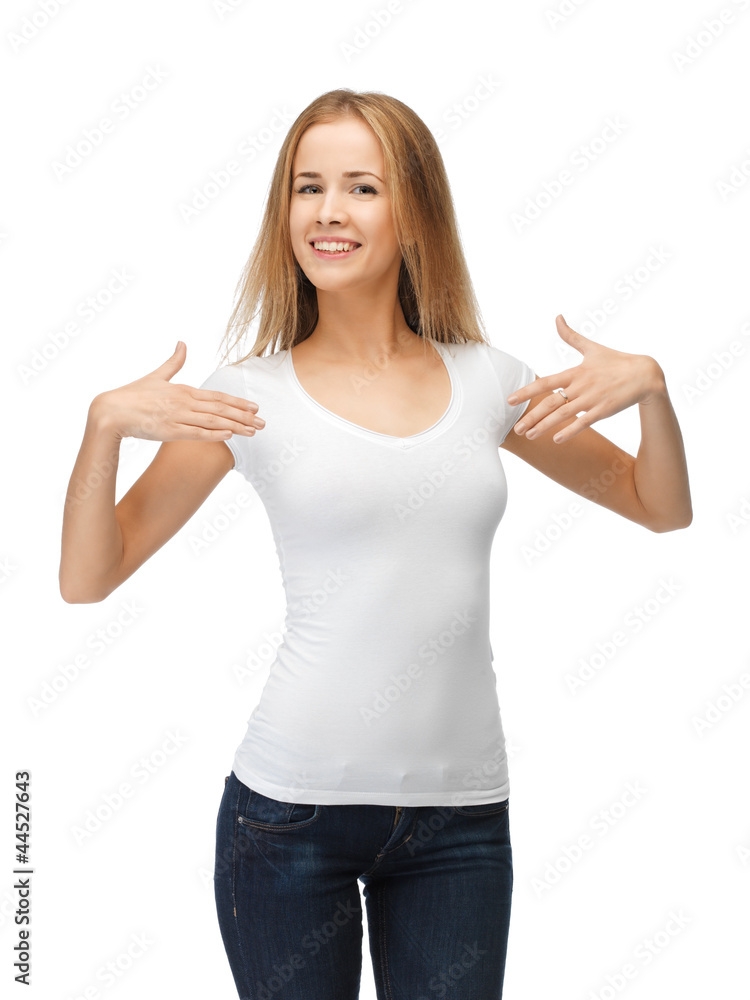 smiling teenage girl in blank white t-shirt smiling teenage girl in blank white t-shirt