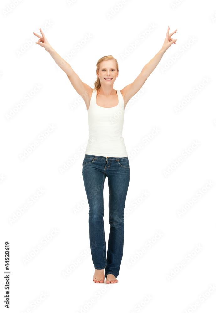 girl in blank white t-shirt showing victory sign girl in blank white t-shirt showing victory sign
