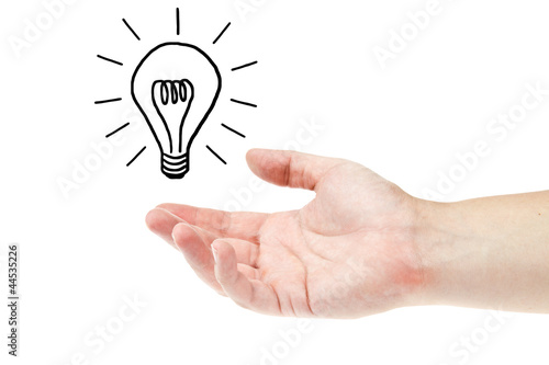 Hand with lightbulb isolated on white background