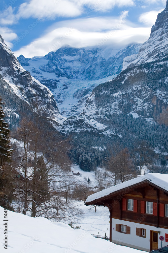 Hotel near the Grindelwald ski area. Swiss alps at winter