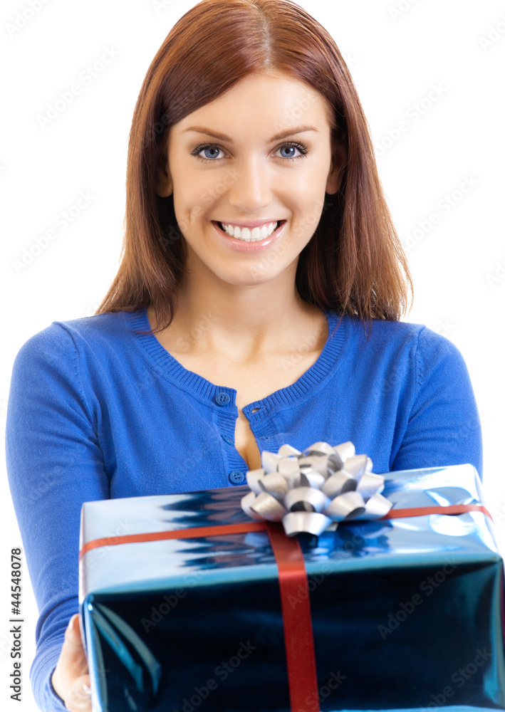 Cheerful woman showing gift, over white Cheerful woman showing gift, over white