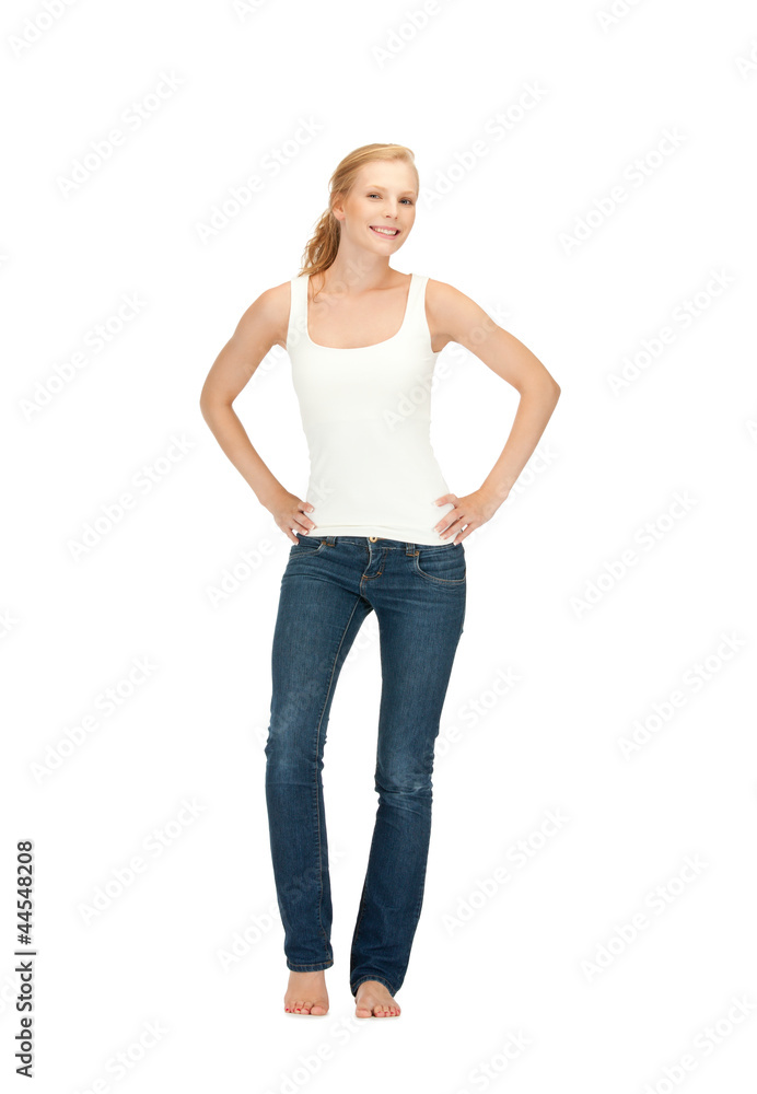 smiling teenage girl in blank white t-shirt smiling teenage girl in blank white t-shirt