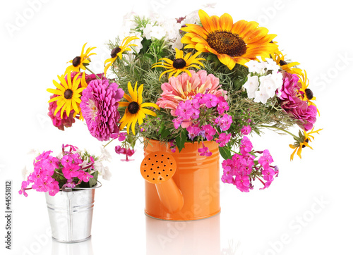 Fototapeta Naklejka Na Ścianę i Meble -  Beautiful bouquet of bright flowers in bailer isolated on white