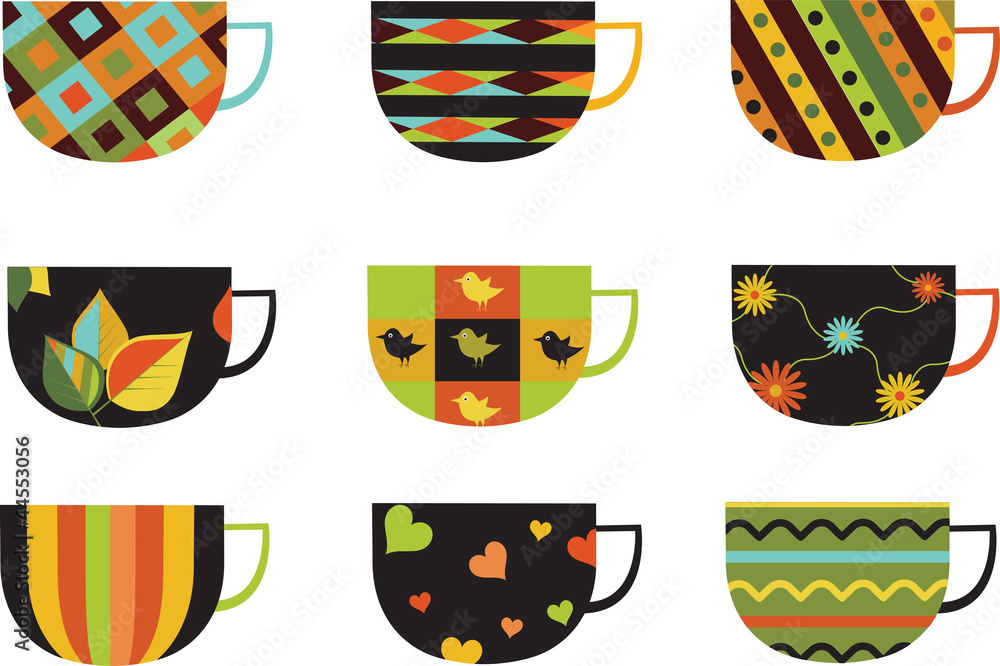 Collection of colorful cups.