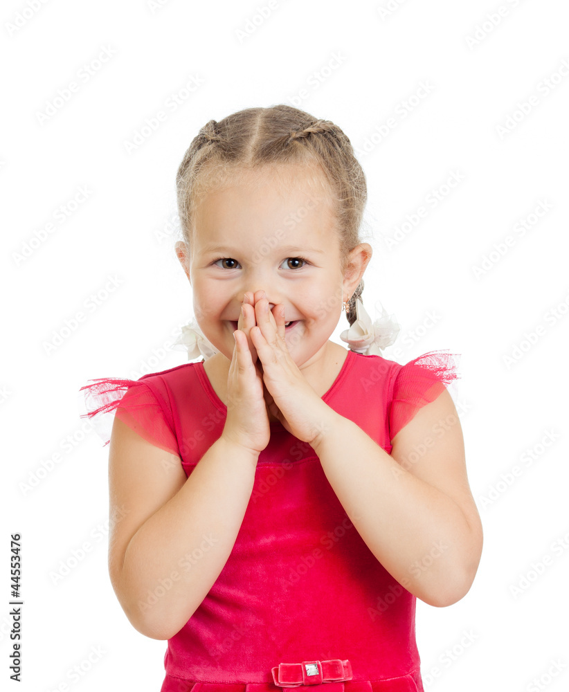 child girl with hands close to face isolated on white background child girl with hands close to face isolated on white background