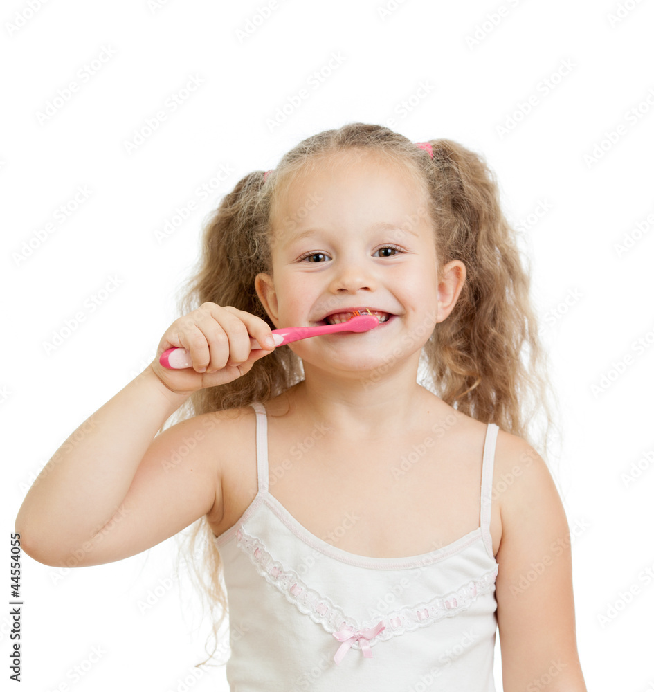cute child girl brushing teeth isolated on white background cute child girl brushing teeth isolated on white background