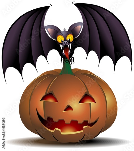 Cartoon Bat with Halloween Pumpkin-Pipistrello con Zucca-Vector