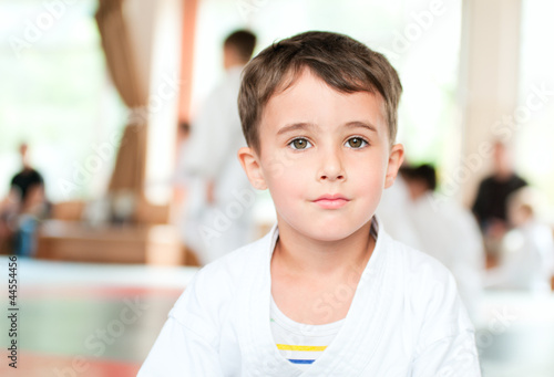Portrait of karate boy training in sport hall