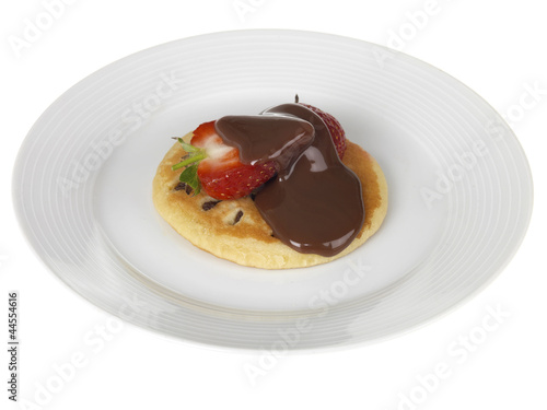 Strawberries and Pancakes with Chocolate Sauce