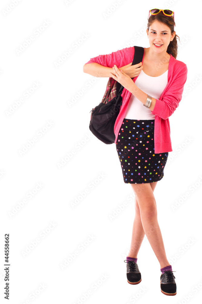 Pretty smiling teenage girl with ponytail, bright pink sweater, Pretty smiling teenage girl with ponytail, bright pink sweater,