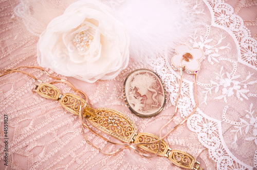 White lace with flower, golden jewelry and antique cameo