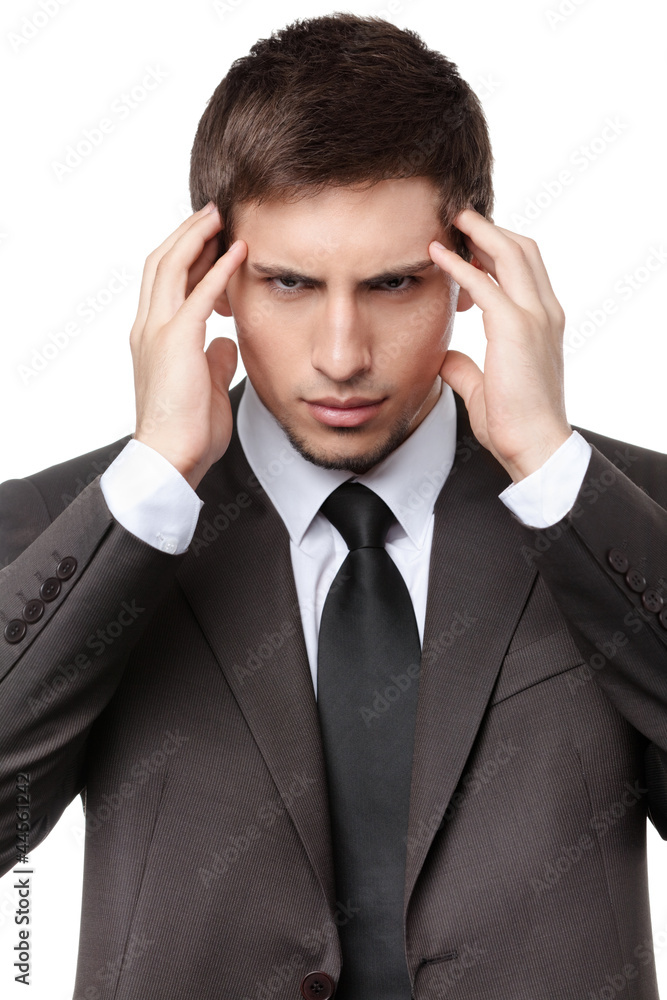 Putting hands on head man has some problems, isolated on white Putting hands on head man has some problems, isolated on white