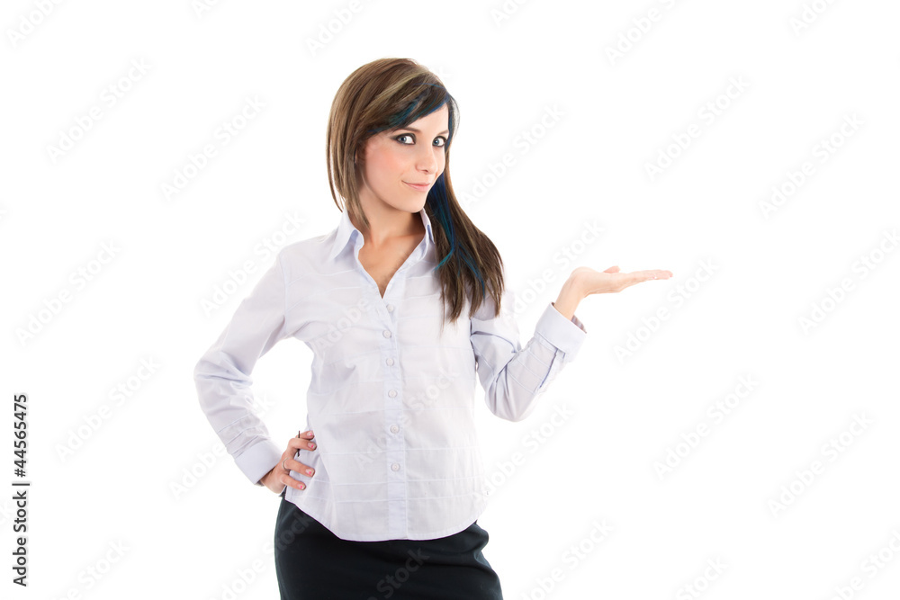 young woman holding her hand palm up young woman holding her hand palm up