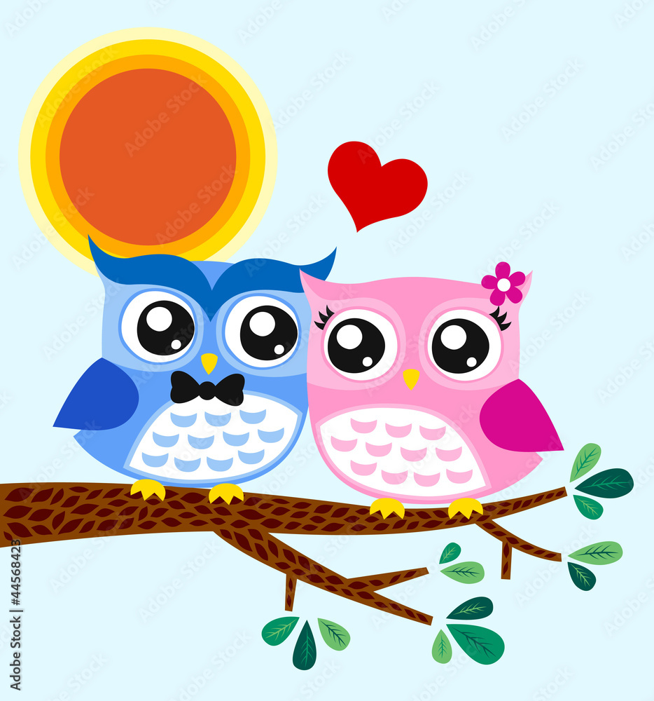 owls couple in love at tree owls couple in love at tree