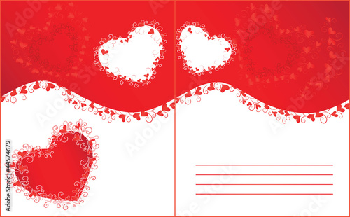 Wedding invitation with red hearts and curls