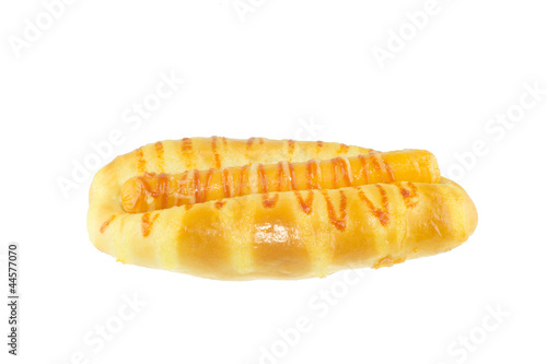 Baked bread and sausage isolated on white background