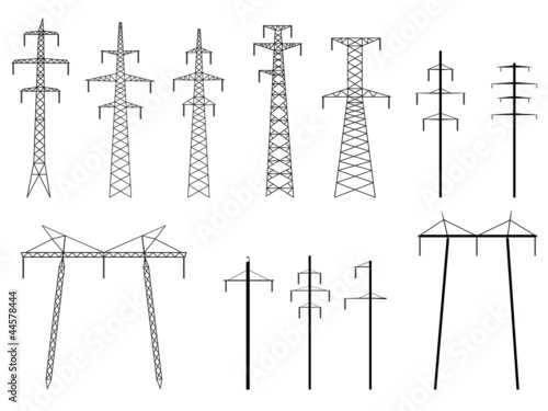 Set of vector silhouettes of pylons power line.
