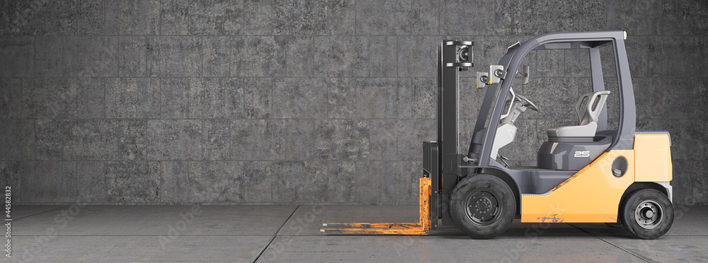 Forklift standing on industrial dirty concrete wall background - obrazy, fototapety, plakaty 