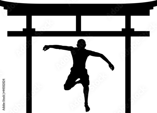 jumping man in torii gate