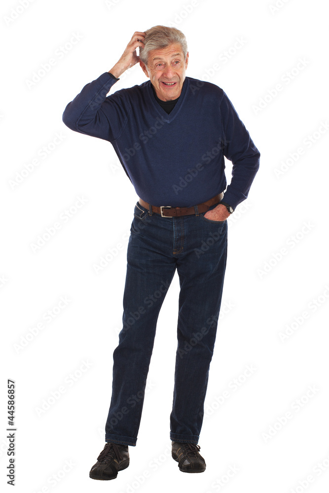 Senior man bends forward and scratches head Senior man bends forward and scratches head