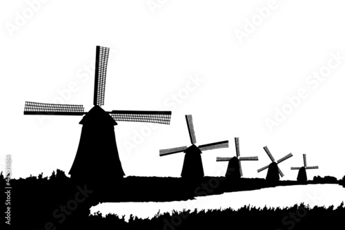 A silhouette of windmills in Kinderdijk, Holland