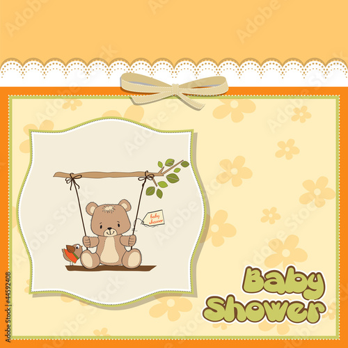 baby shower card with teddy bear in a swing