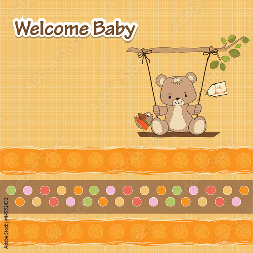 baby shower card with teddy bear in a swing