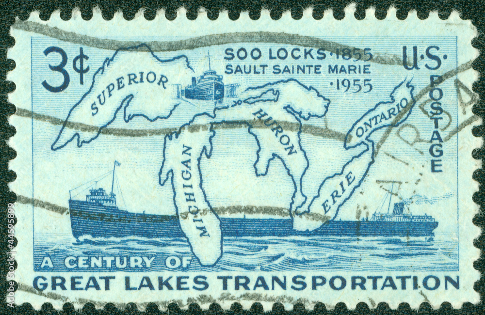 Stamp shows Map of Great Lakes and Two Steamers