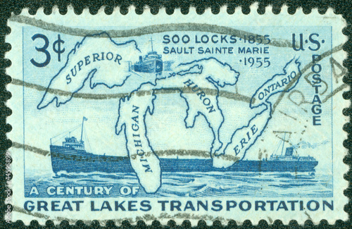 Obraz na płótnie Stamp shows Map of Great Lakes and Two Steamers w salonie