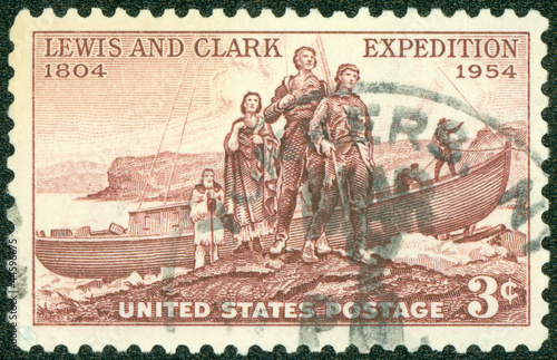 stamp shows Lewis and Clark Expedition Sesquicentennial