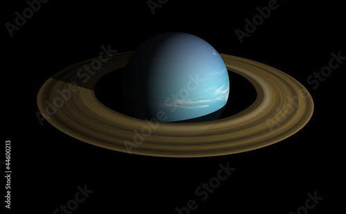 A ringed planet beyond our solar system. 3D render on black.