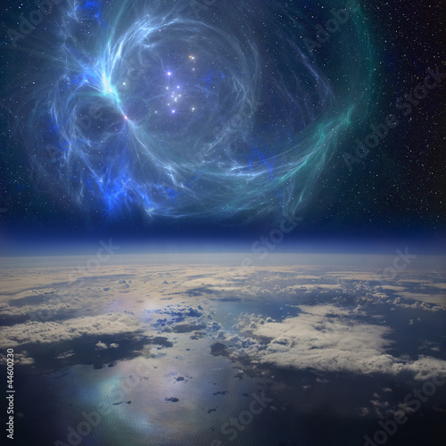 Earth and a beautiful nebula. Conceptual composite image.