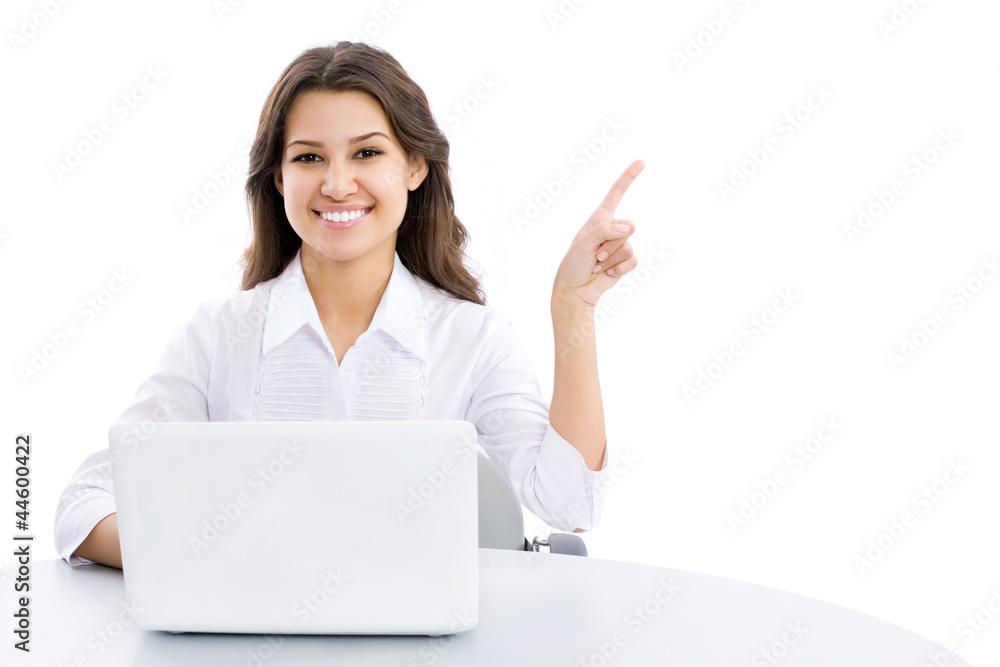 Young business woman pointing at corner Young business woman pointing at corner