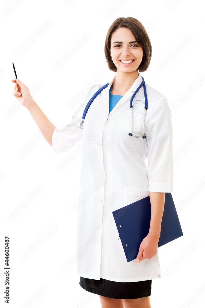 Portrait of female doctor pointing at white background Portrait of female doctor pointing at white background