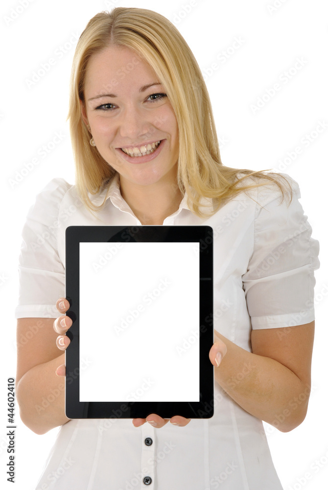 Junge Frau mit Tablet-PC, leeres Display Junge Frau mit Tablet-PC, leeres Display