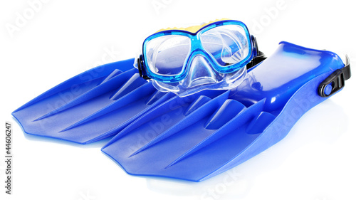 blue flippers and mask isolated on white.