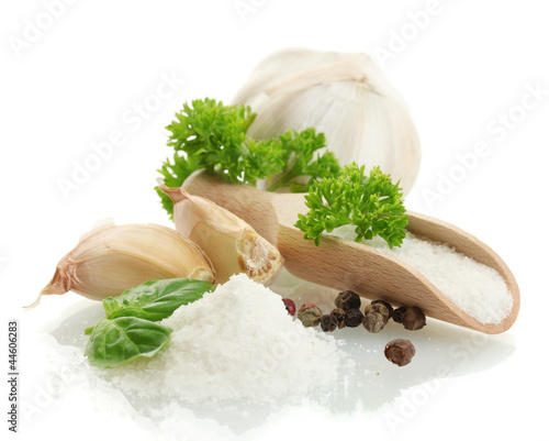 salt with fresh basiland parsley, garlic and pepper isolated photo