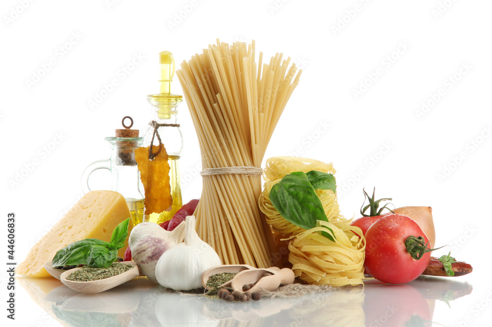 Pasta spaghetti, vegetables, spices and oil, isolated on white Pasta spaghetti, vegetables, spices and oil, isolated on white