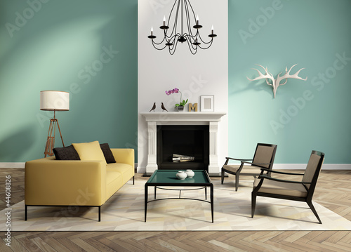 Green interior fireplace modern atmospheric lounge living room