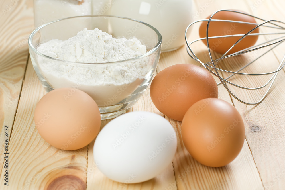 Basic ingredients for dough. Milk, eggs and flour. Basic ingredients for dough. Milk, eggs and flour.
